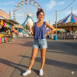 REWASH Blue Linen Rayon Cotton Cropped Tank Top Wide Strap Sleeveless L